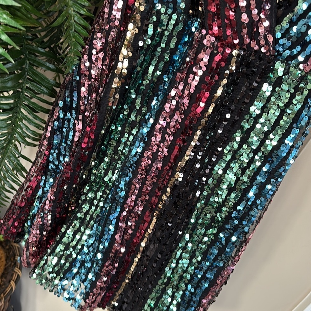 Venus Sparkly Rainbow Striped Sequin Colorful Cocktail Dress Spaghetti Strap - Picture 4 of 15